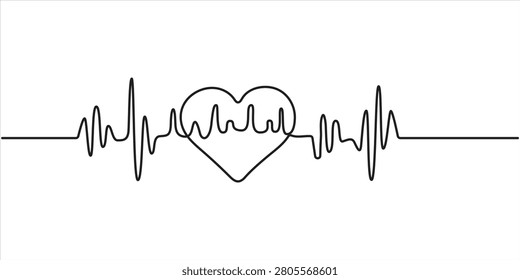 heart pulse continuous one line drawing, minimalist design isolated heartpulse, outline illustration in white background. 