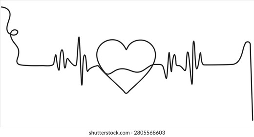 heart pulse continuous one line drawing, minimalist design isolated heartpulse, outline illustration in white background. 