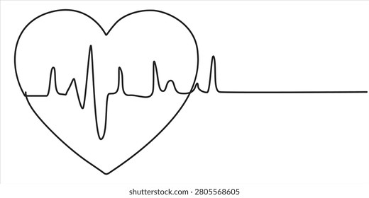 heart pulse continuous one line drawing, minimalist design isolated heartpulse, outline illustration in white background. 