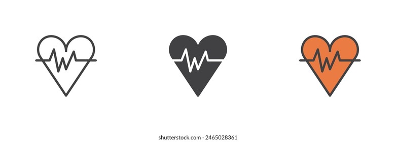 Heart pulse different style icon set. Line, glyph and filled outline colorful version, outline and filled vector sign. Heartbeat rate symbol, logo illustration. Vector graphics