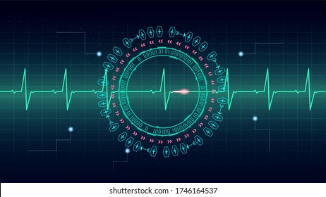 Heart pulse or ekg in monitor for UI Hi-tec interface blue digital technology with glowing particles ,vector illustration