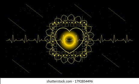 Heart pulse or ekg in monitor for UI Hi-tec interface black and gold  digital technology with glowing particles ,vector illustration.