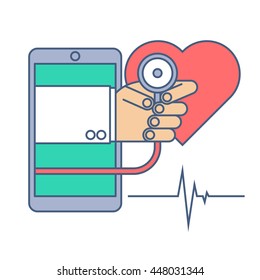 Heart pulse examination by phone. Telemedicine and telehealth flat line concept illustration. Doctor from phone holding a stethoscope in his hand. Vector tele health and online medicine element.