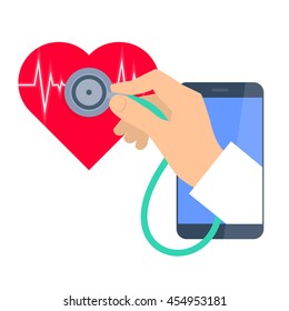 Heart pulse examination by phone. Telemedicine and telehealth flat concept illustration. Doctor's hand from phone hold a stethoscope and exams heartbeat. Vector tele health and online medicine element