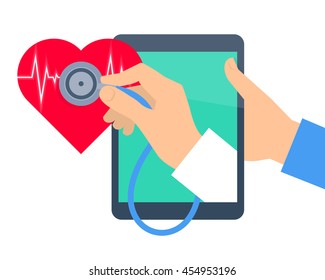 Heart pulse examination by tablet computer. Telehealth and telemedicine flat concept. Doctor's hand from pad screen holding a stethoscope and diagnosing heartbeat. Vector online medicine illustration.