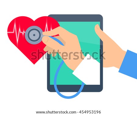 Heart pulse examination by tablet computer. Telehealth and telemedicine flat concept. Doctor's hand from pad screen holding a stethoscope and diagnosing heartbeat. Vector online medicine illustration.