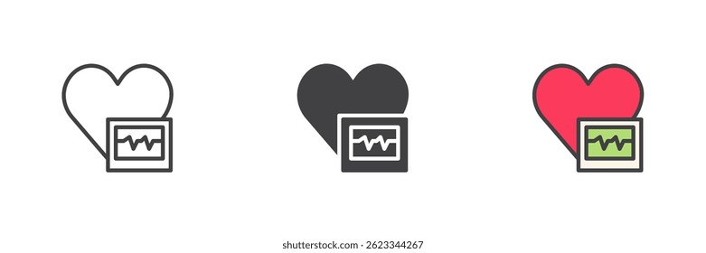 Heart and pulse graph icon set in line, solid and filled outline style