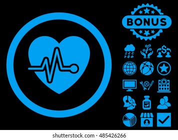 Heart Pulse icon with bonus design elements. Vector illustration style is flat iconic symbols, blue color, black background.