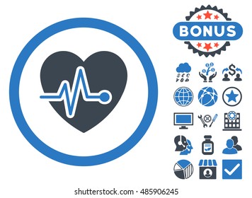 Heart Pulse icon with bonus elements. Vector illustration style is flat iconic bicolor symbols, smooth blue colors, white background.