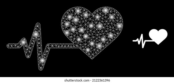 Heart pulse icon and constellation net mesh heart pulse model with illuminated spots. Illuminated constellation generated using heart pulse vector icon and triangulated mesh.