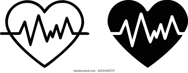 Heart Pulse Icon Set, Black and White Vector, Heartbeat Silhouette Outline Illustration