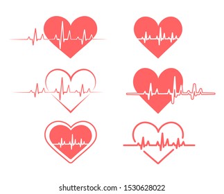 Heart pulse icons set. Red symbols of a heartbeat. Vector illustration.