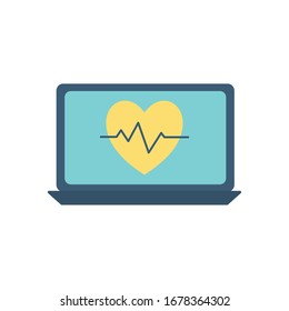 Heart pulse inside laptop flat style icon design of Health online medical care emergency aid exam clinic and patient theme Vector illustration
