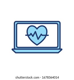 Heart pulse inside laptop line and fill style icon design of Health online medical care emergency aid exam clinic and patient theme Vector illustration