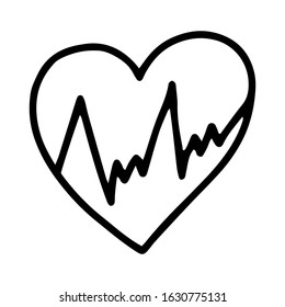 Heart with pulse line. Hand drawing with a contour line.Black and white image. medicine, love, Valentine's day, wedding.Vector illustration