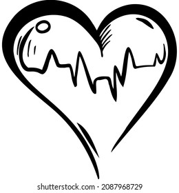 Heart with a pulse line inside sketch vector illustration hand draw