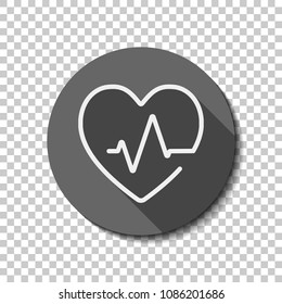 Heart and pulse line. One line style. Linear icon with thin outline. White flat icon with long shadow in circle on transparent background. Badge or sticker style