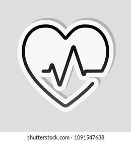 Heart and pulse line. One line style. Linear icon with thin outline. Sticker style with white border and simple shadow on gray background