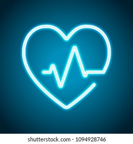 Heart and pulse line. One line style. Linear icon with thin outline. Neon style. Light decoration icon. Bright electric symbol