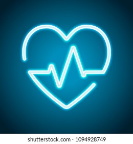 Heart and pulse line. One line style. Linear icon with thin outline. Neon style. Light decoration icon. Bright electric symbol