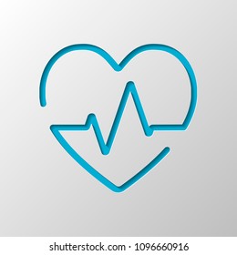 Heart and pulse line. One line style. Linear icon with thin outline. Paper design. Cutted symbol with shadow