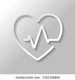 Heart and pulse line. One line style. Linear icon with thin outline. Paper style with shadow on gray background