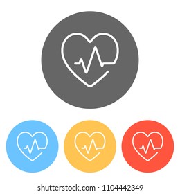 Heart and pulse line. One line style. Linear icon with thin outline. Set of white icons on colored circles