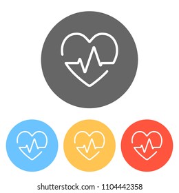 Heart and pulse line. One line style. Linear icon with thin outline. Set of white icons on colored circles