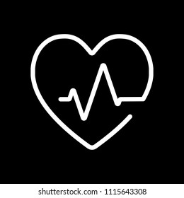 Heart and pulse line. One line style. Linear icon with thin outline. White icon on black background. Inversion