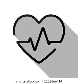 Heart and pulse line. One line style. Linear icon with thin outline. Black object with long shadow on white background