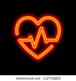 Heart and pulse line. One line style. Linear icon with thin outline. Orange neon style on black background. Light icon