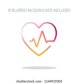Heart and pulse line. One line style. Linear icon with thin outline. Colorful logo concept with simple shadow on white. 10 different blurred backgrounds included