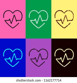 Heart and pulse line. One line style. Linear icon with thin outline. Pop art style. Scratched icons on 6 colour backgrounds. 