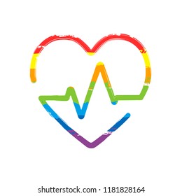 Heart and pulse line. One line style. Linear icon with thin outline. Drawing sign with LGBT style, seven colors of rainbow (red, orange, yellow, green, blue, indigo, violet