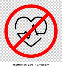 Heart and pulse line. One line style. Linear icon with thin outline. Not allowed, black object in red warning sign with transparent background