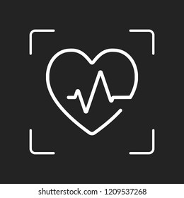 Heart and pulse line. One line style. Linear icon with thin outline. White object in camera autofocus on dark background