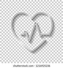 Heart and pulse line. One line style. Linear icon with thin outline. White outline sign with shadow on transparent background