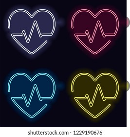 Heart and pulse line. One line style. Linear icon with thin outline. Set of neon sign. Casino style on dark background. Seamless pattern