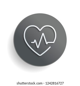 Heart and pulse line. One line style. Linear icon with thin outline. White paper symbol on gray round button or badge with shadow