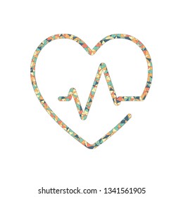 Heart and pulse line. One line style. Linear icon with thin outline. Colored mosaic with polygons