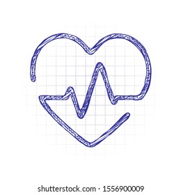 Heart and pulse line. One line style. Linear icon with thin outline. Hand drawn sketched picture with scribble fill. Blue ink. Doodle on white background