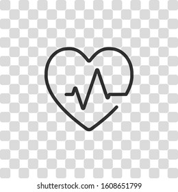 Heart and pulse line. One line style. Linear icon with thin outline. Black symbol on transparency grid