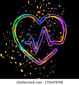 Línea de corazón y pulso. Un estilo de línea. Icono lineal con contorno fino. Tinta coloreada con salpicaduras en fondo negro