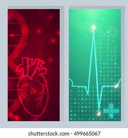 Heart pulse logo - 2 medical wallpaper,vector illustration.Heart logo on gene chain dna pattern.Pulse beat on green blur pattern dotted wallpaper.Medical wallpaper for medical site,cardiology clinic