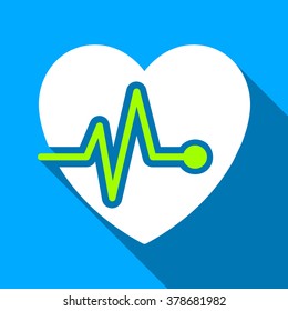 Heart Pulse long shadow vector icon. Style is a flat light symbol with rounded angles on a blue square background.