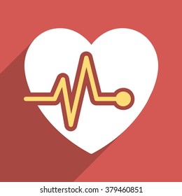 Heart Pulse long shadow vector icon. Style is a flat light symbol with rounded angles on a red square background.