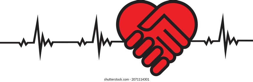 Heart pulse, made of hands that shake hands and form a heart. Cardiovascular diagnosis. Icon or sign, logotype design. Cardiogram, heartbeat, healthcare, medical background. Flat style vector.