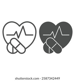 Heart pulse with medicine line and solid icon, medical research concept. Vector graphics. Heartbeat and capsule, pill sign on white background, outline style icon for mobile or web design