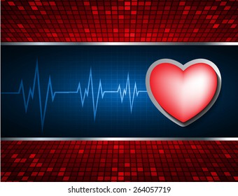 Heart pulse monitor with signal. Heart beat. dark blue background. Light Abstract Technology background for computer graphic website internet and business. red Table background , Mosaic. pixel.