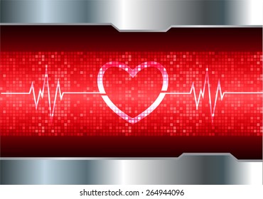 heart pulse monitor with signal. Heart beat. vector illustration. dark red background. silver.Pixel, mosaic, table